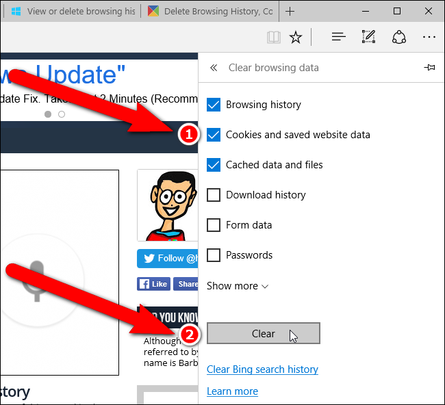 Кнопка удаления куки и данных сайтов в Edge
