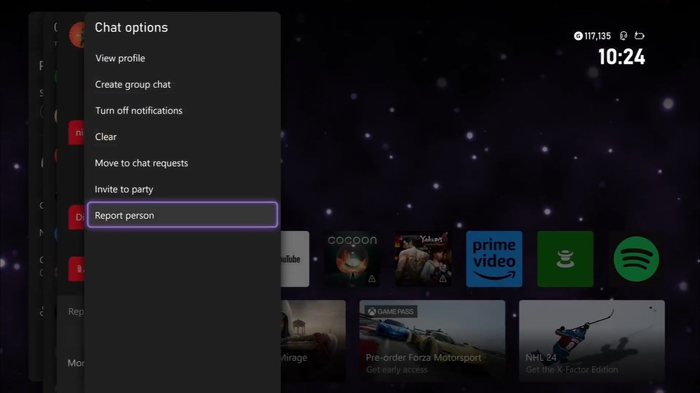 Опции чата с выделенной функцией Пожаловаться на игрока