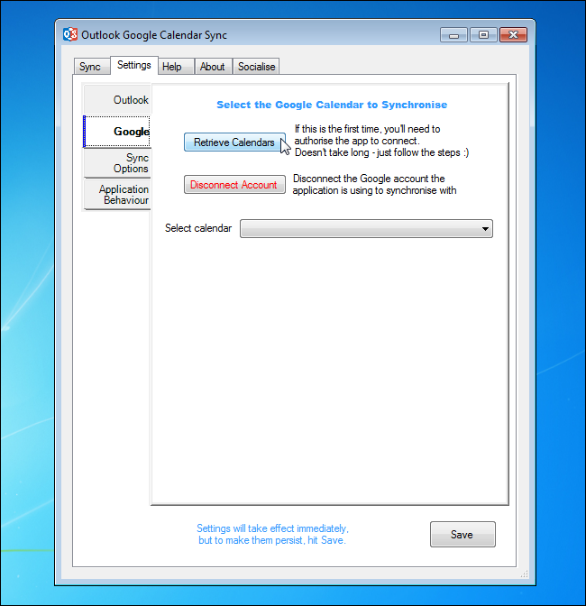 Кнопка Retrieve Calendars для получения списка календарей Google
