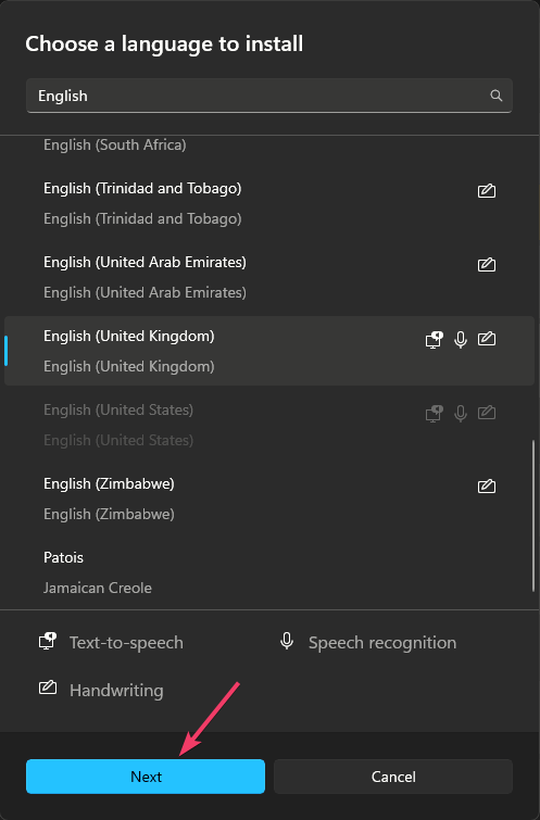 Выбор языка English (United Kingdom) — кнопка Далее