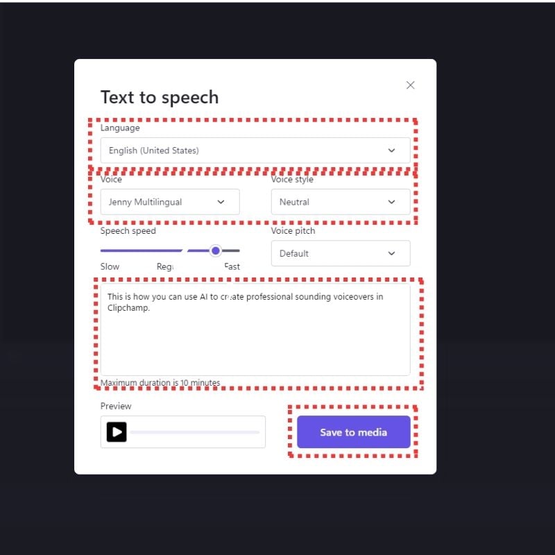 настройте параметры озвучки и прослушайте предварительный вариант