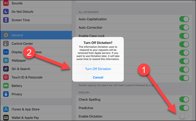 Dictation settings dialog with arrows pointing to enable dictation toggle and turn off dictation prompt