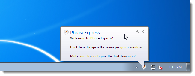 Подсказка при первом запуске PhraseExpress в системном трее