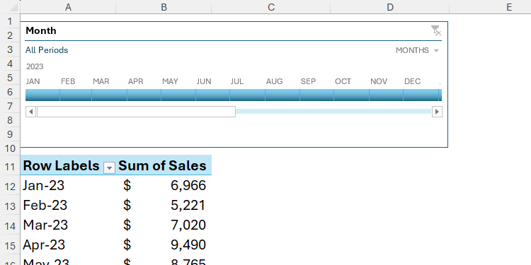 Таймлайн в Excel размещён над сводной таблицей и аккуратно выровнен.