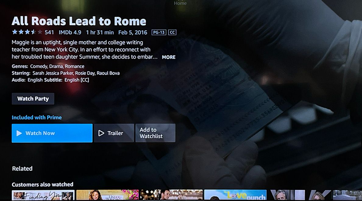 Экран с деталями фильма на Fire TV: рейтинг, длительность, синопсис