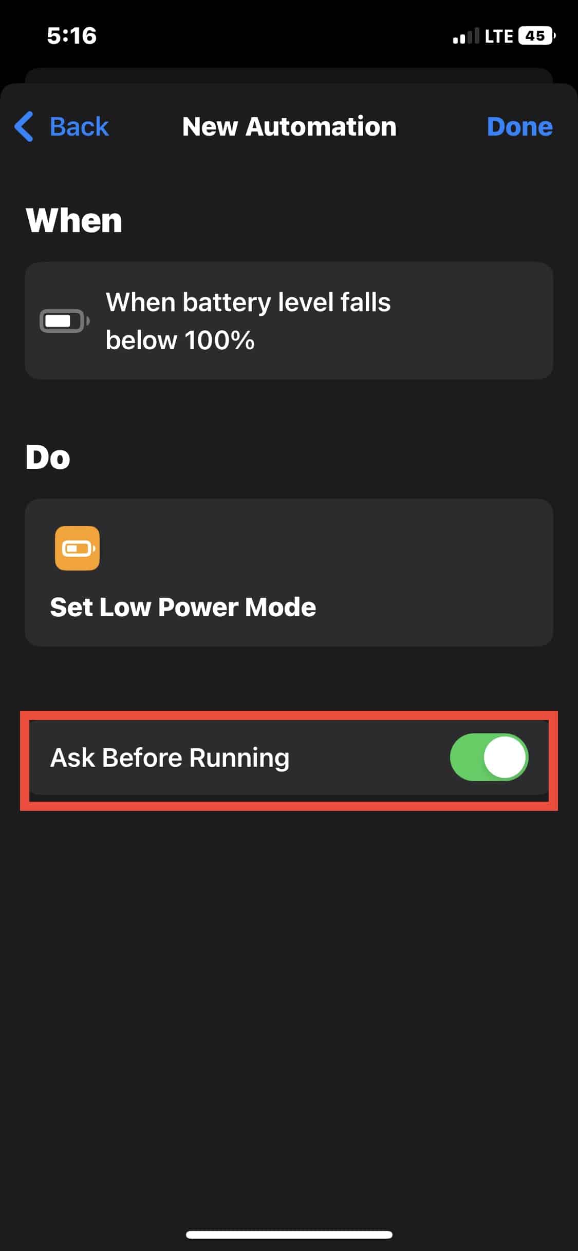 Opción Preguntar antes de ejecutar en una automatización; confirmar No preguntar