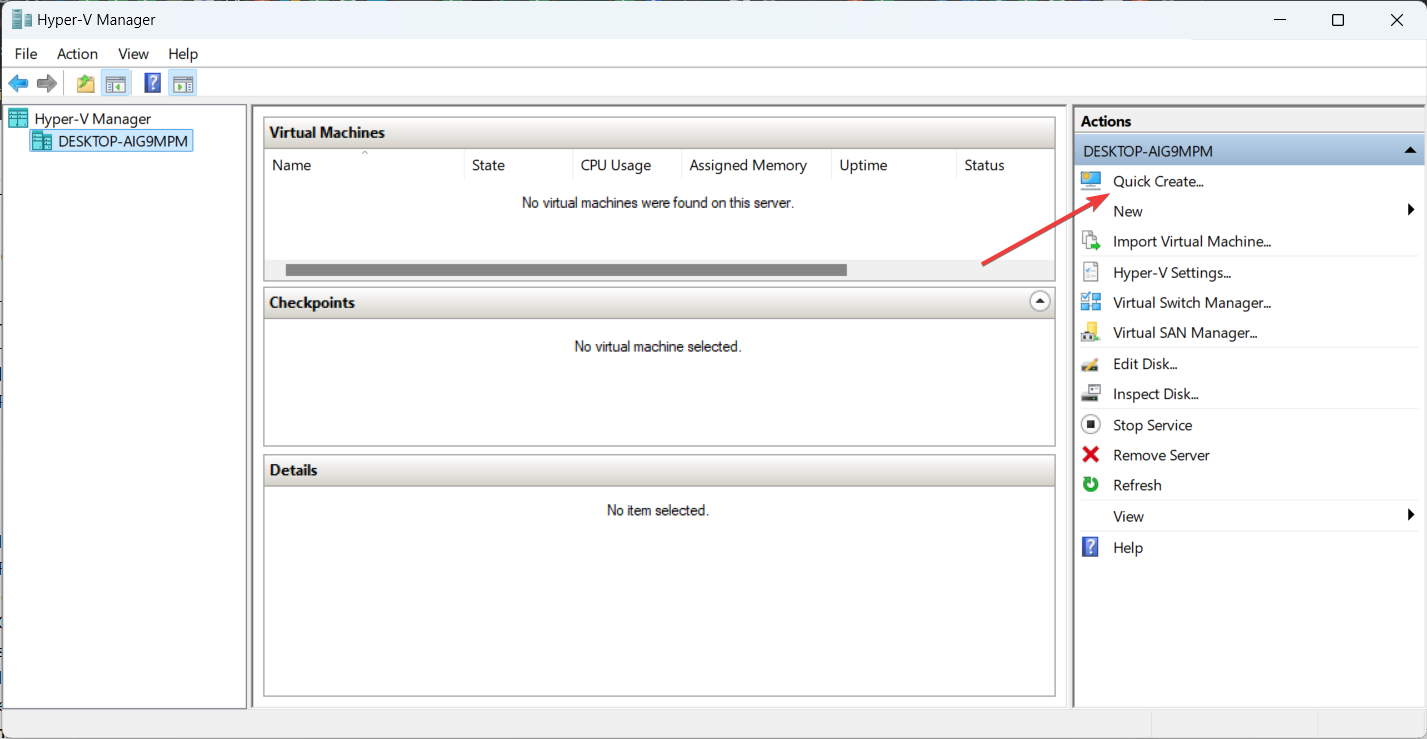 Интерфейс Hyper-V Manager: Quick Create