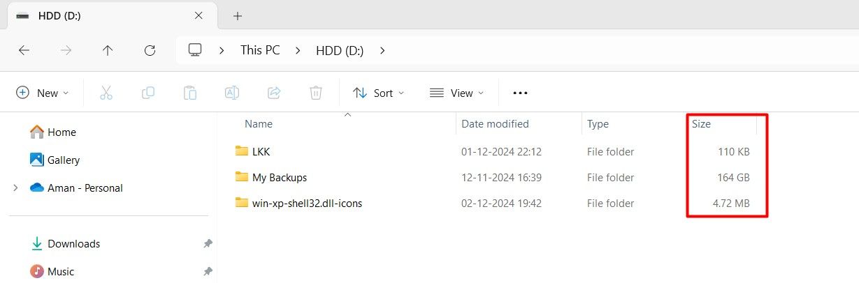 Проводник Windows с отображаемыми размерами папок.