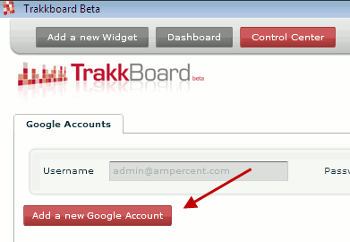Kontrollzentrum zum Hinzufügen weiterer Google‑Analytics‑Konten in Trakkboard