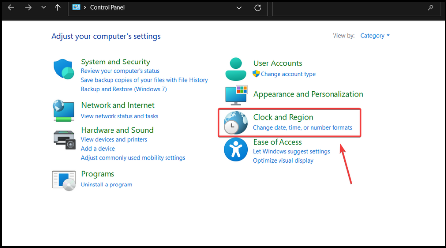 Раздел «Часы и регион» в Панели управления