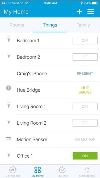 Скриншот списка подключённых устройств в SmartThings