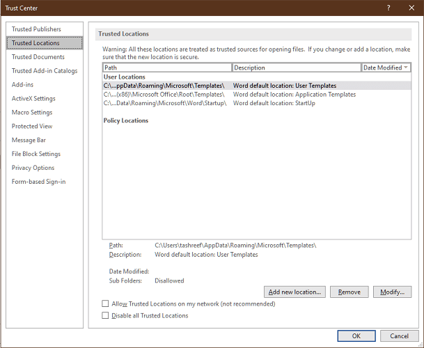 Добавить доверенное расположение
