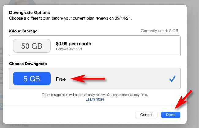 Выбор бесплатного варианта понижения уровня, затем «Готово»