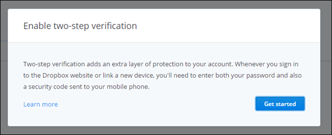 Диалог включения двухэтапной проверки в Dropbox