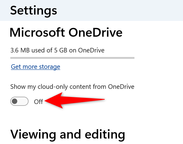 Параметр «Показывать облачный контент OneDrive» выключен в настройках приложения «Фотографии».