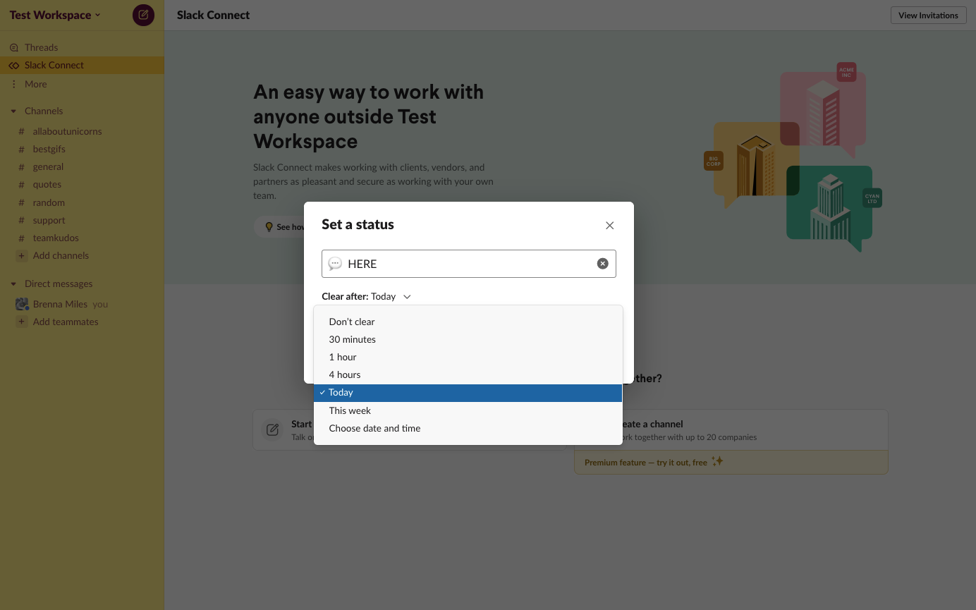 Окно обновления статуса в Slack с полем для сообщения и опциями удаления