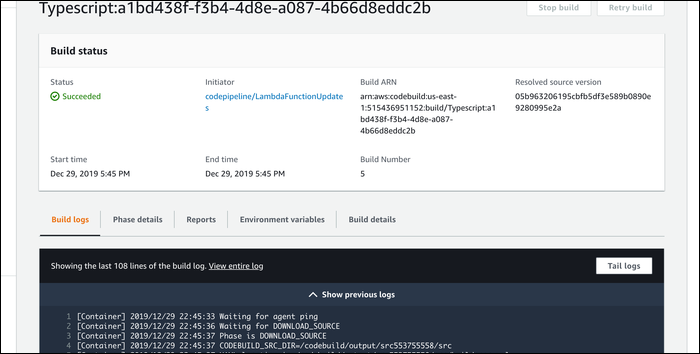 Просмотр логов сборки в консоли CodeBuild