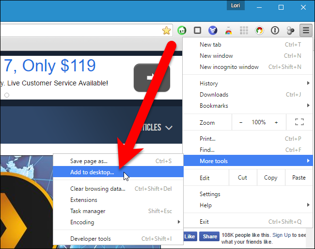 Меню Chrome с пунктом Добавить на рабочий стол