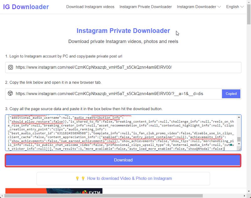 Screenshot: Download-Button für private Reel-Datei