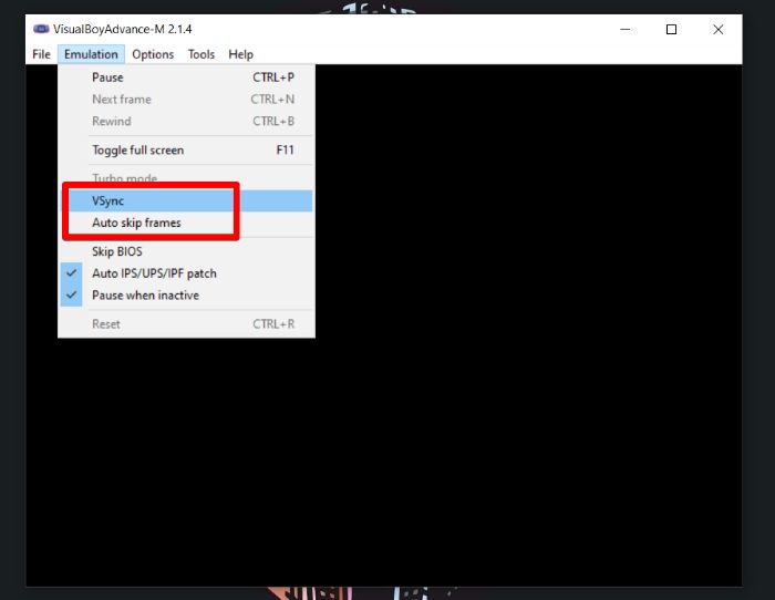 Параметры V‑Sync и Auto Frame Skip в VBA‑M