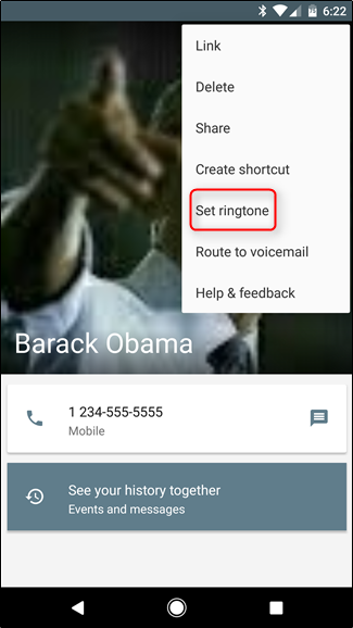 Скриншот Android: выбор рингтона для конкретного контакта