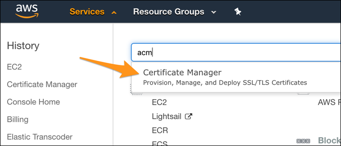 Экран AWS Certificate Manager: начало запроса сертификата