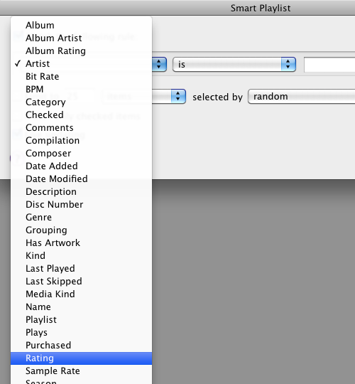 Выбор поля «Рейтинг» в iTunes