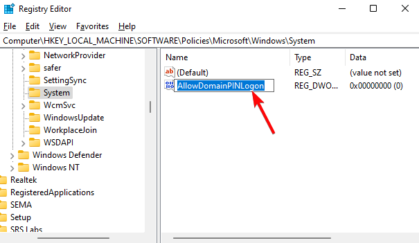 Переименование нового DWORD в AllowDomainPINLogon