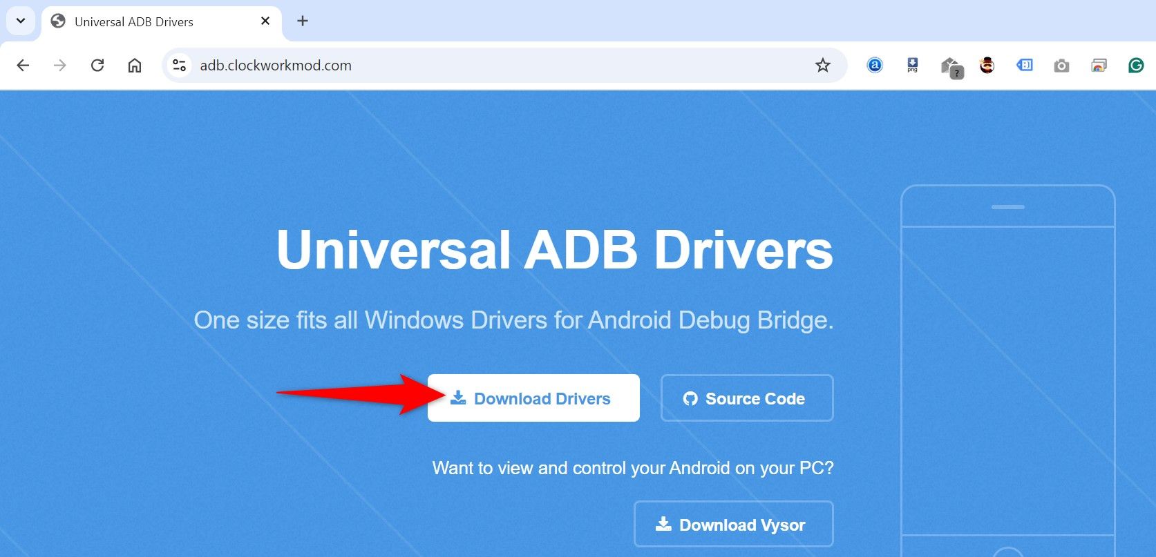 На сайте Universal ADB Drivers выделена кнопка 