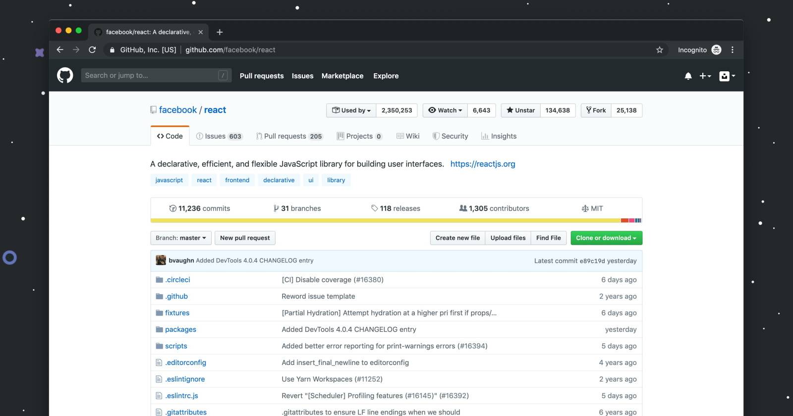 Страница репозитория GitHub со списком файлов исходного кода React