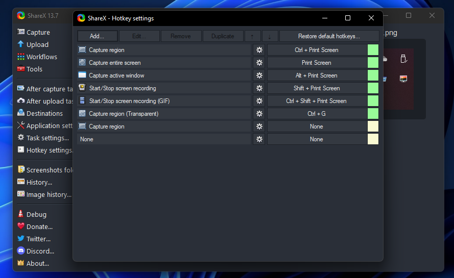 Окно настроек горячих клавиш в ShareX