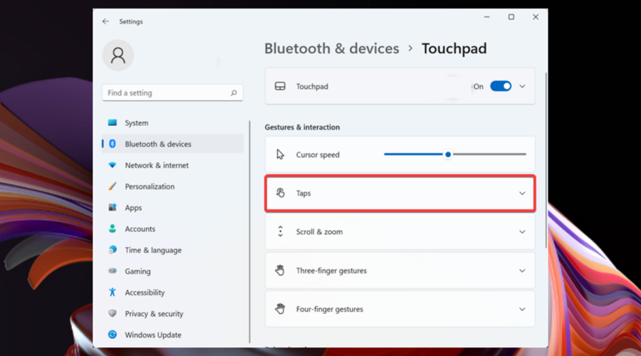 Раздел Тaps — параметры касаний тачпада