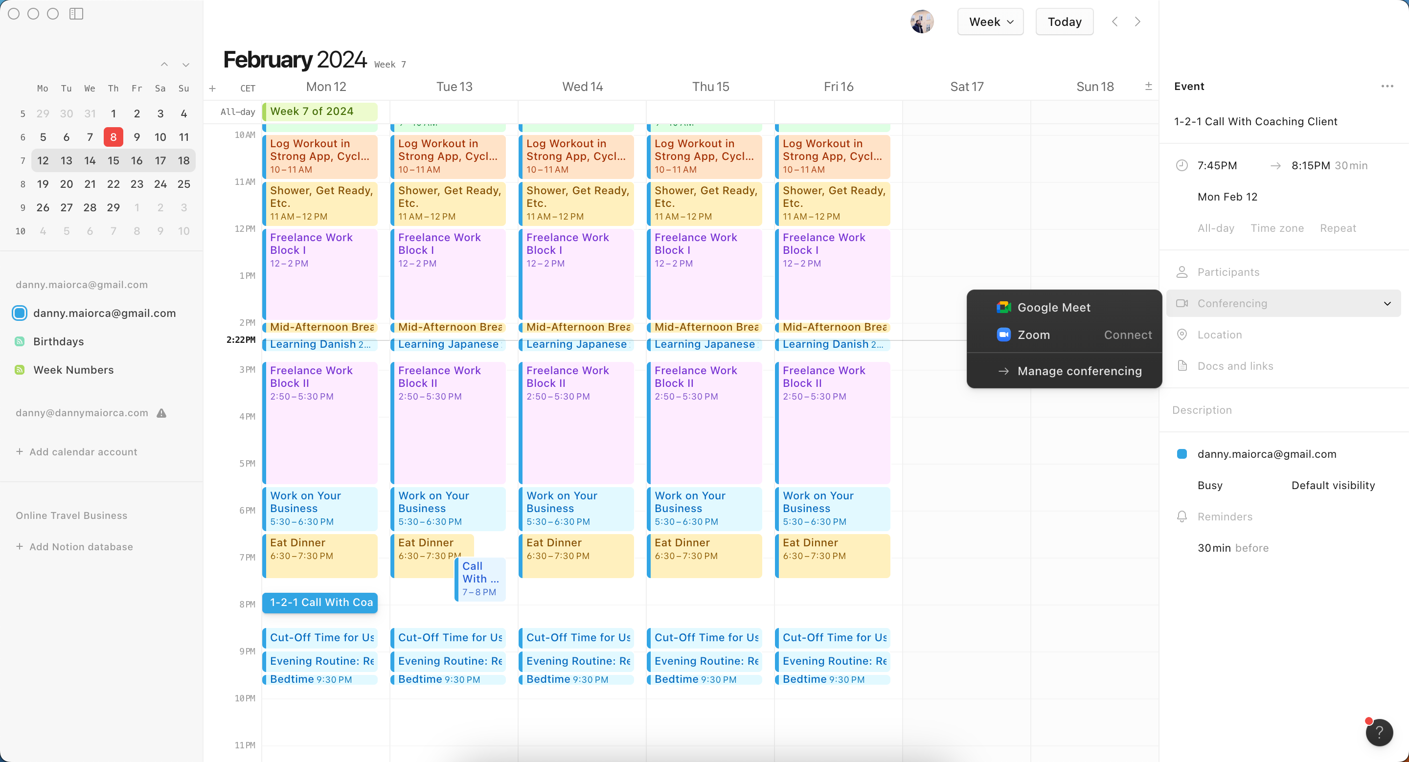 Варианты подключения видеосервисов к встрече в Notion Calendar
