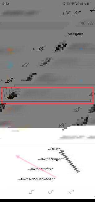 Удаление чата или отключение сообщений через долгое нажатие