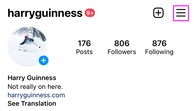 Меню Instagram — три полоски в правом верхнем углу