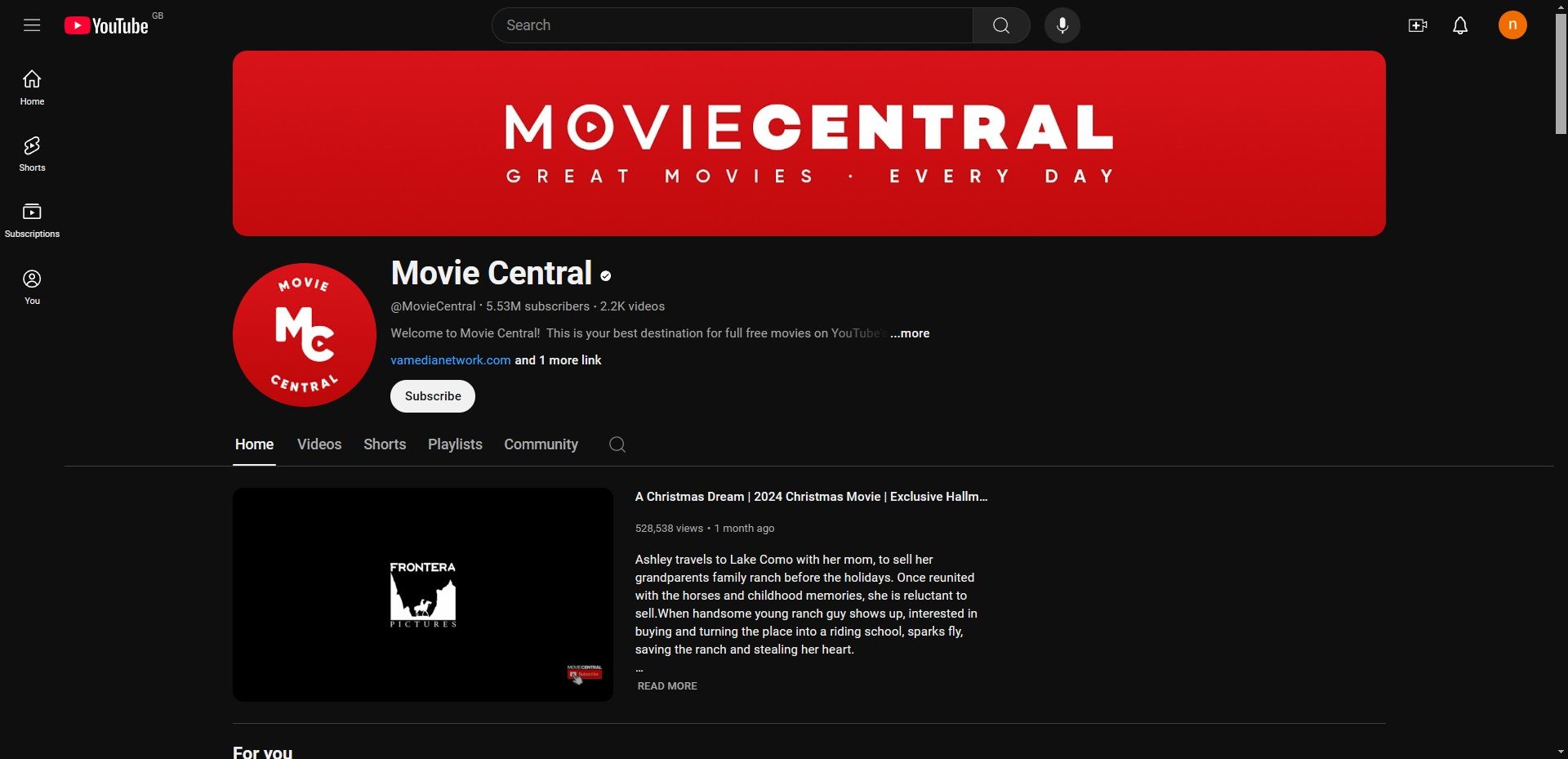 Главная страница канала Movie Central на YouTube