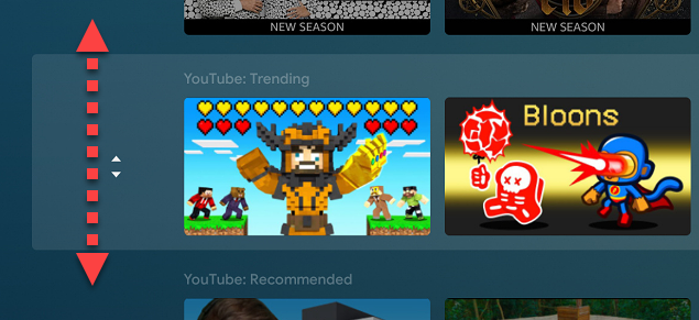 Перемещение строки канала вверх или вниз с помощью стрелок пульта.