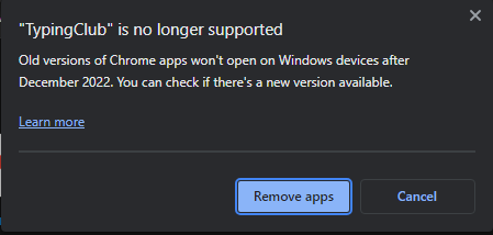 Уведомление о прекращении поддержки расширения TypingClub в Windows 11