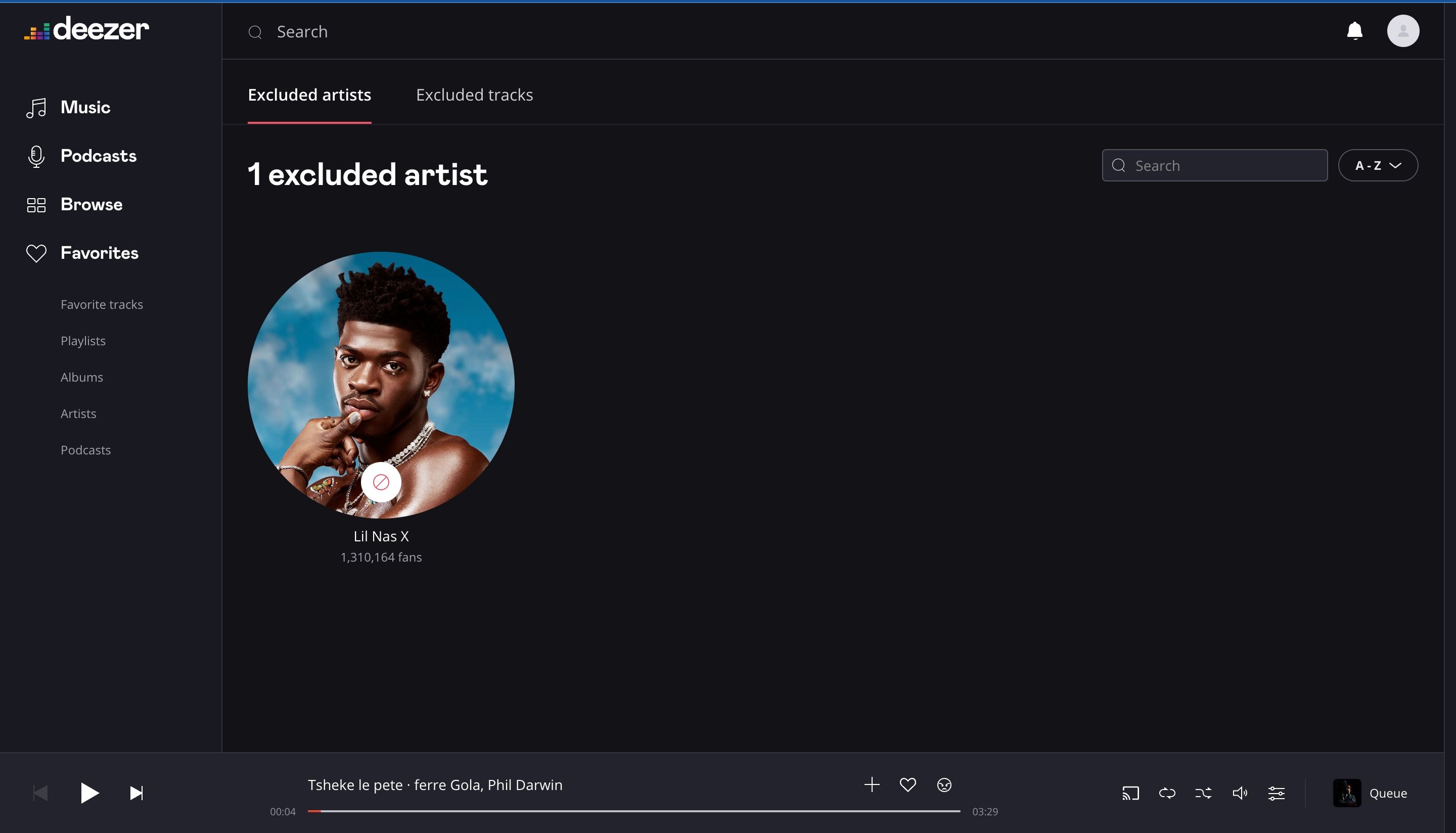 Страница веб‑версии Deezer с вкладками исключённых треков и исполнителей