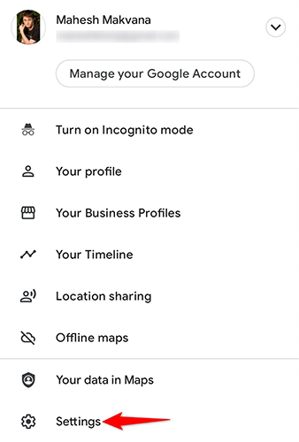 Выберите «Настройки» в меню профиля Google Maps.