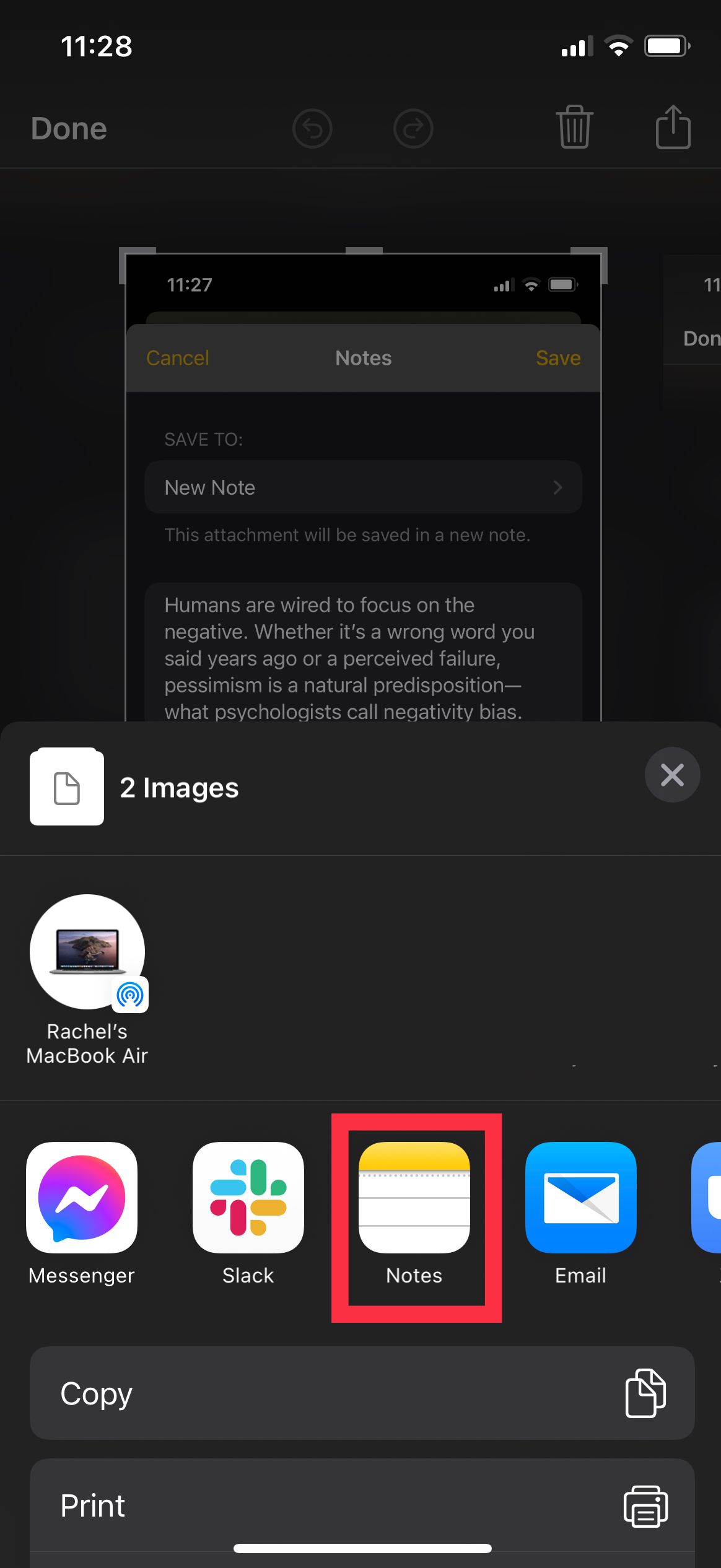 Сохранение скриншота в Notes