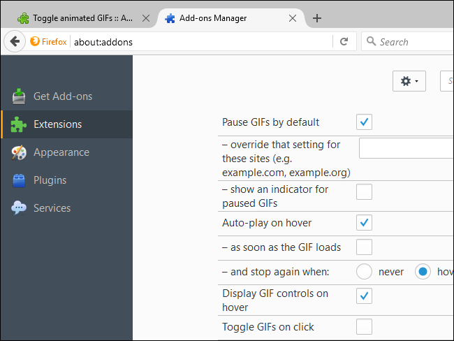 Параметры дополнения Toggle Animated GIFs в Firefox с опциями включения по наведению и горячими клавишами