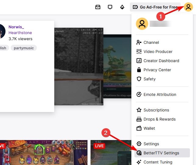 Пункт меню «BetterTTV settings» в Twitch