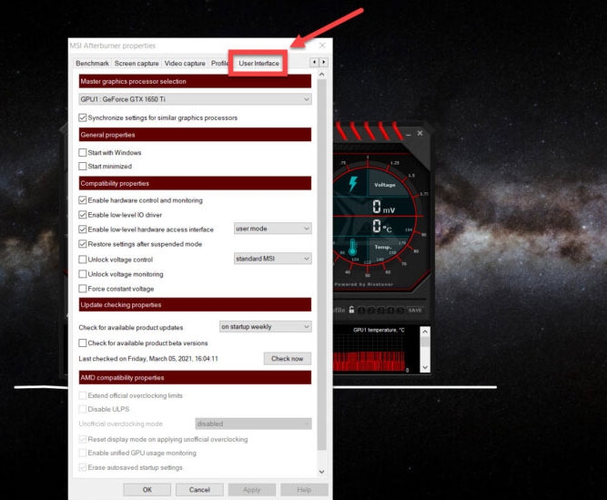 Afterburner Skin wechseln - Skin-Auswahl im Einstellungsfenster