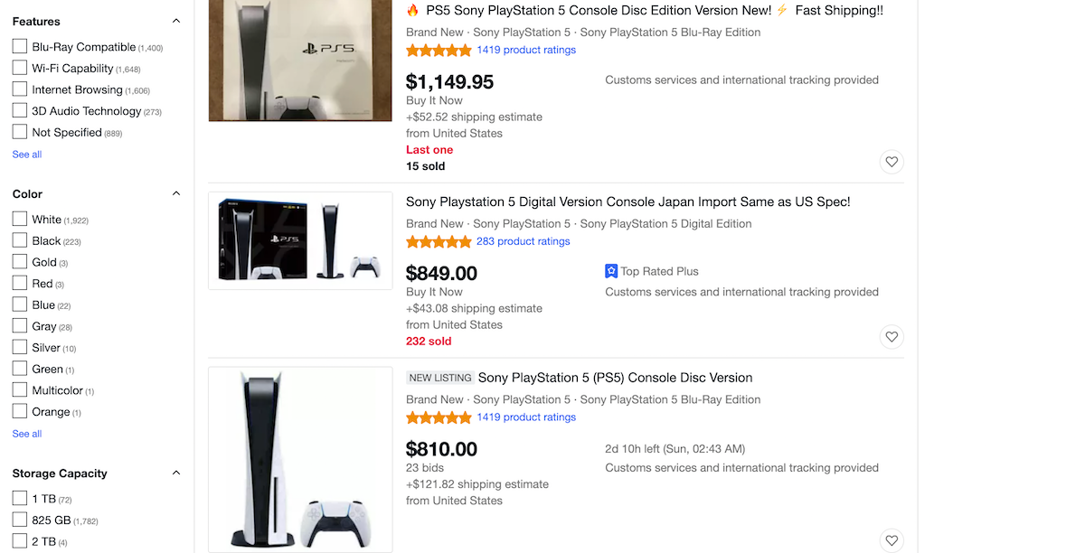 PS5 listings on eBay.