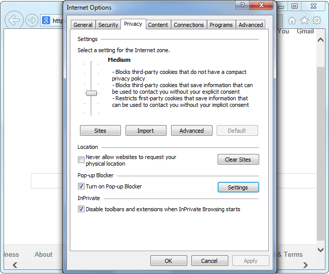 Параметры конфиденциальности и безопасности в Internet Explorer