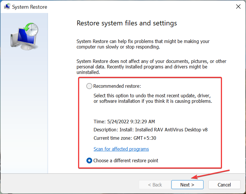 Выбор точки восстановления