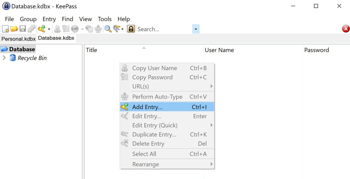 Выпадающее меню Добавить запись в KeePass
