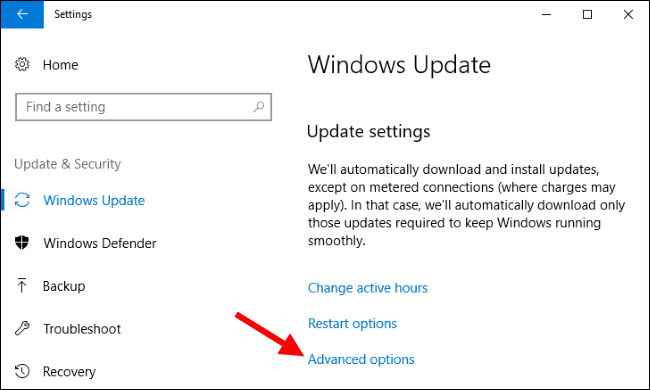 Экран дополнительных параметров Windows Update