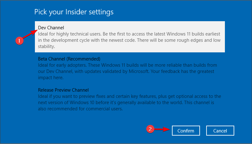 Выбор канала Dev в параметрах Windows Insider